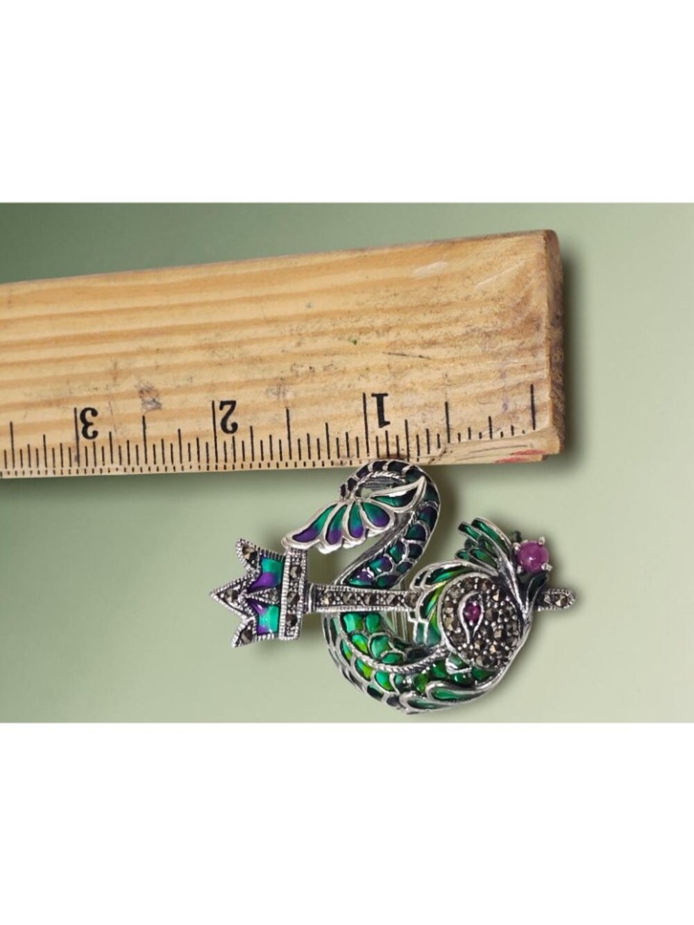 925 Brooch Pendant Plique-à-Jour Enamel DRAGON Marcasite and Ruby Eyes - Picture 8 of 8